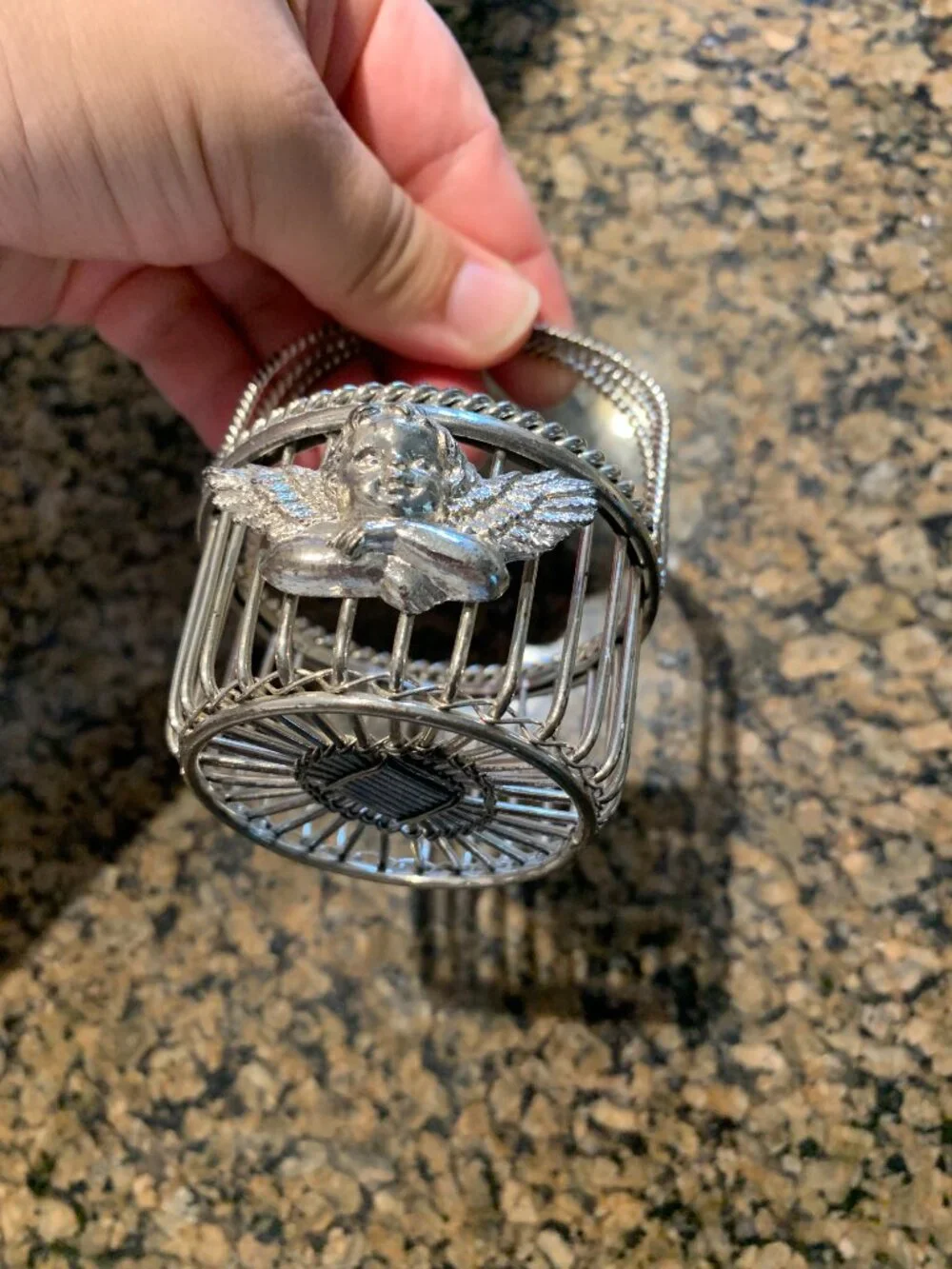Vintage Department 56 Silver Plated Miniature Wire Basket Angel Cherub Trinket